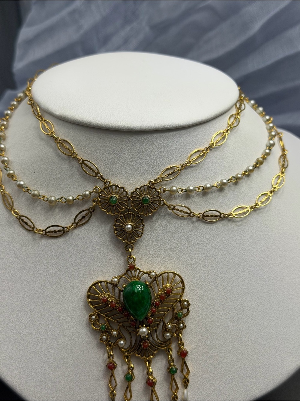 Vintage ART Design Gold and Green Statement Necklace With Pearls #27SN - Picture 8 of 8